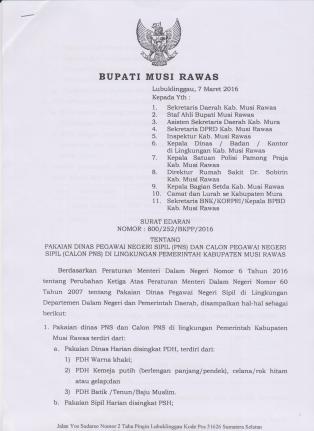 Surat Edaran Bupati Musi Rawas Tentang Pakaian Dinas PNS dan CPNS di Lingkungan Pemkab Musi Rawas